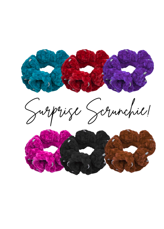 Set of six colorful scrunchies on a white background with 'Surprise Scrunchie!' text.